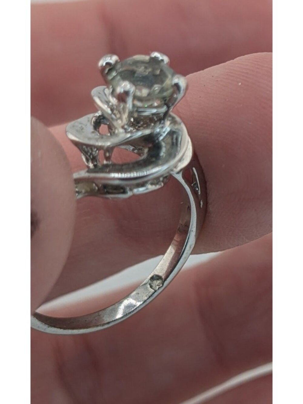 Smoky Quartz Silver Tone Floral Swirl Ring Size 7.75